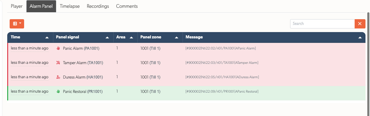 The Alarm Panel tab listing every message an incident carried