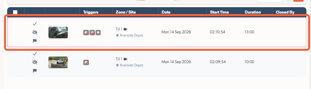 A panic from an alarm panel in the events list