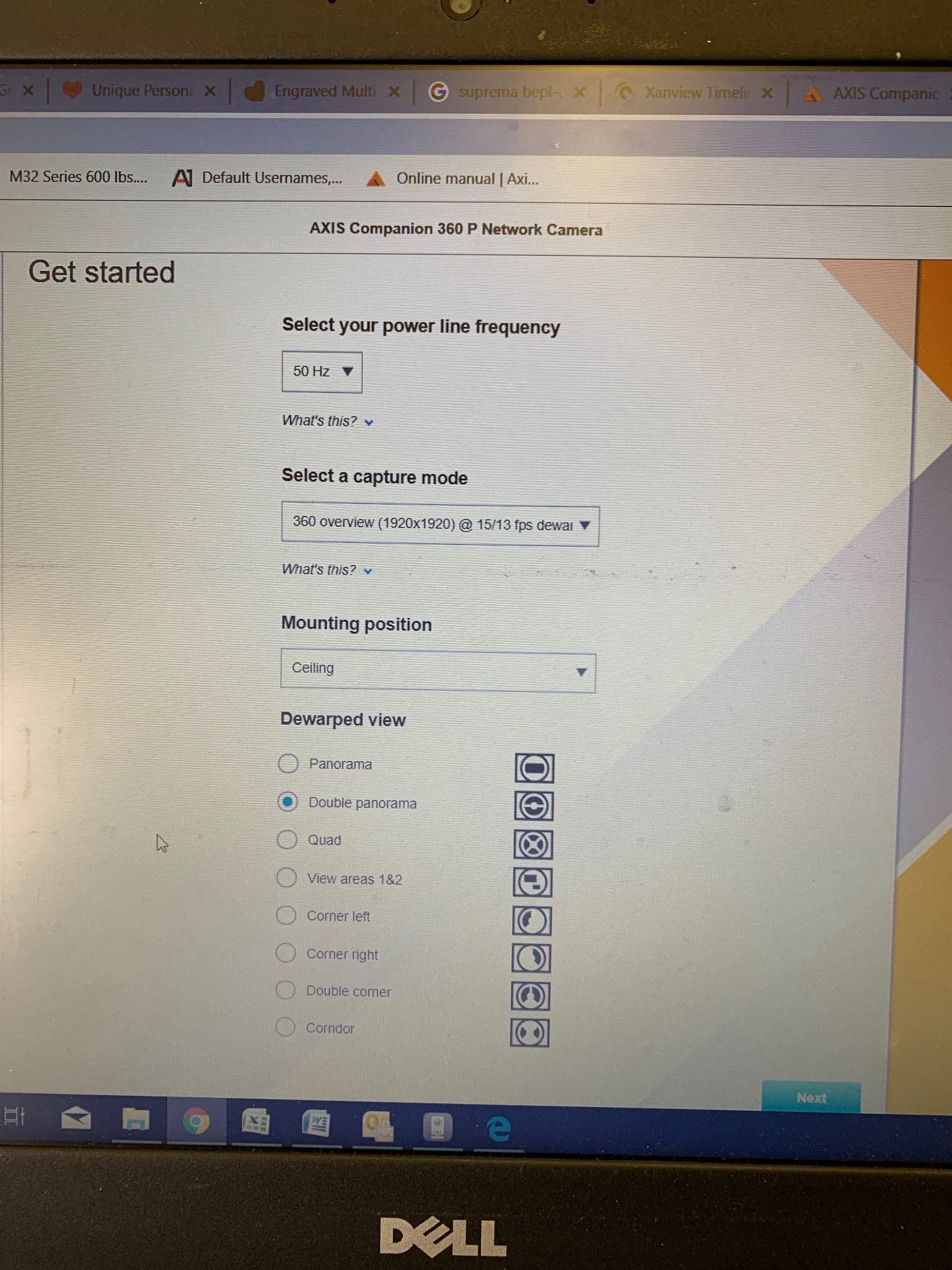 Axis dewarped view options including Panorama, Double panorama, Quad, and View areas