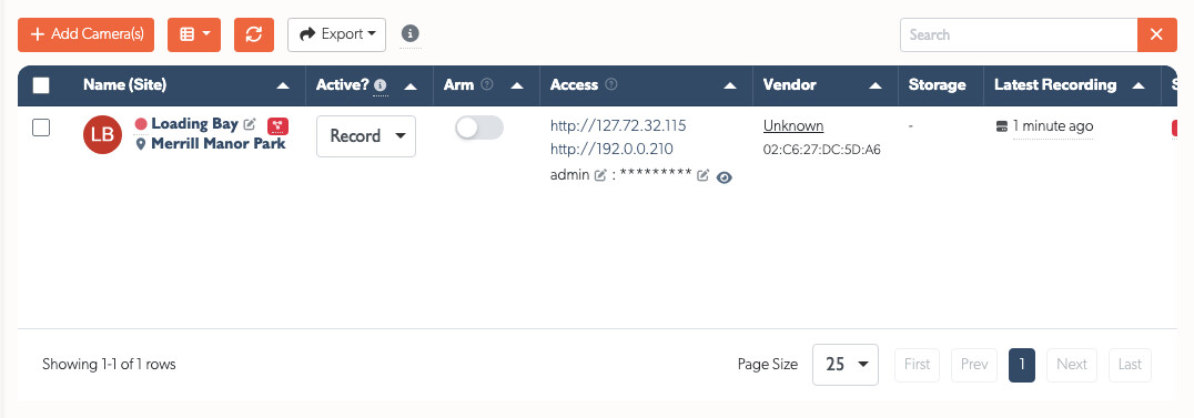 An offline camera in the cameras list