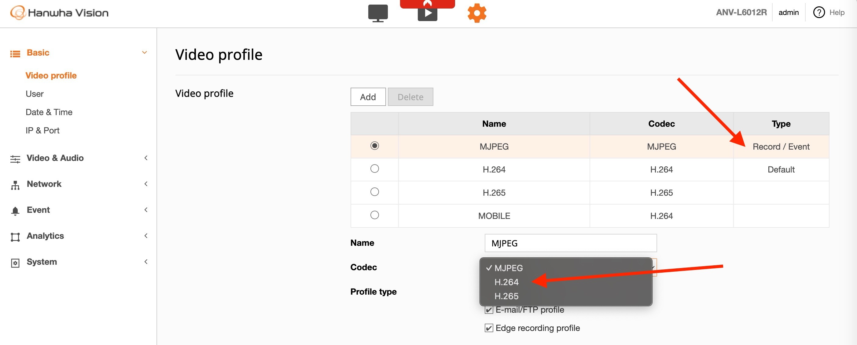 Change codec from MJPEG to H.264