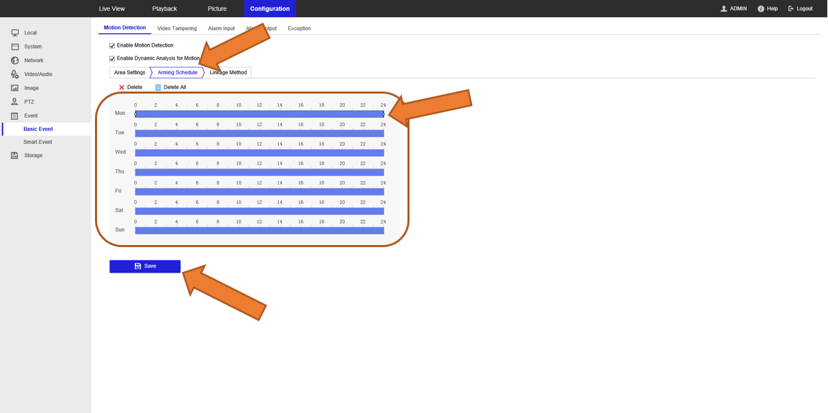 Arming Schedule with weekly time grid
