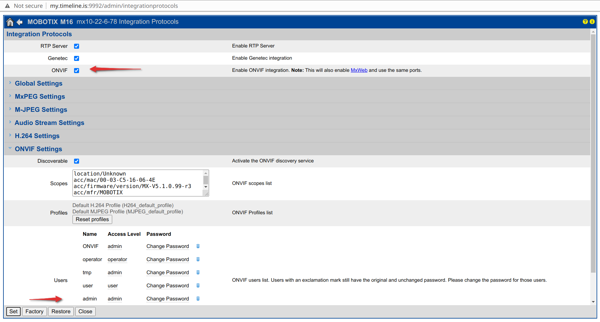 Enable RTP Server and ONVIF