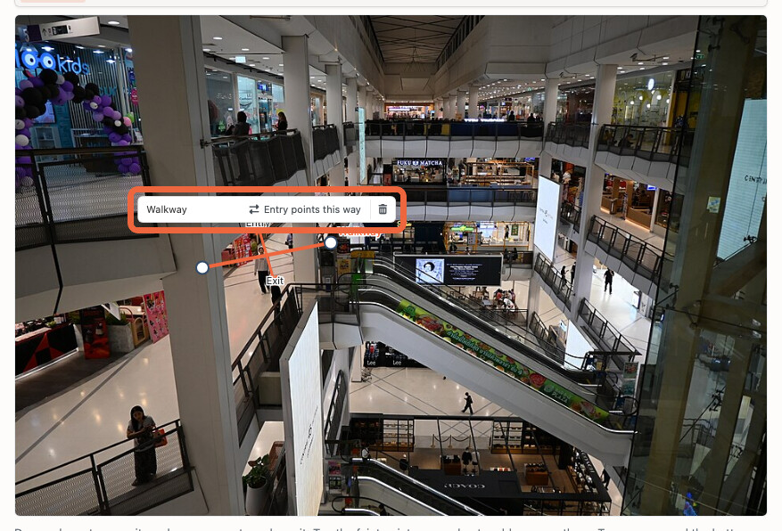 The controls above a selected counting line: its name, Walkway, and the Entry points this way button
