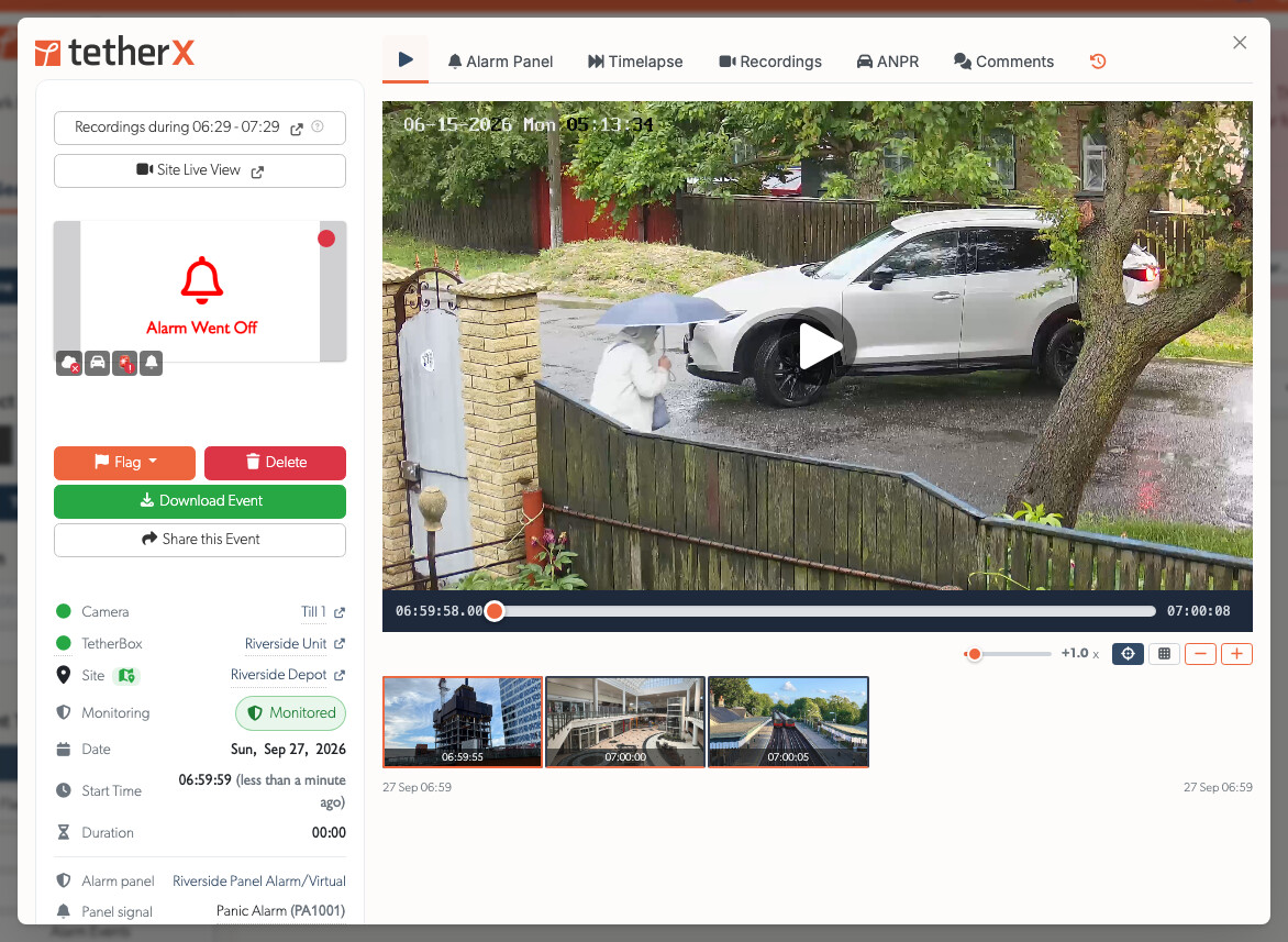 An event open for review, with footage and its incident details together