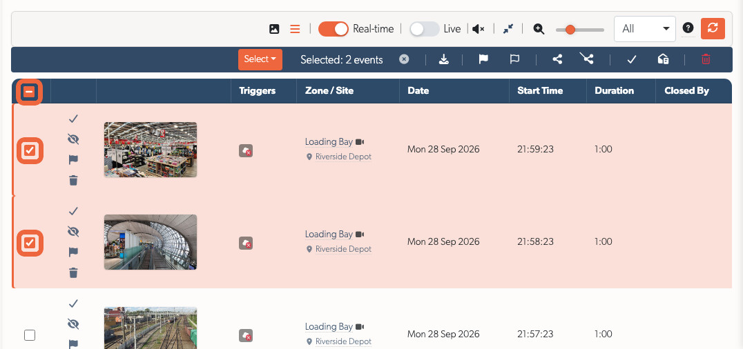 Two events selected in List view, with the header and row tick boxes highlighted