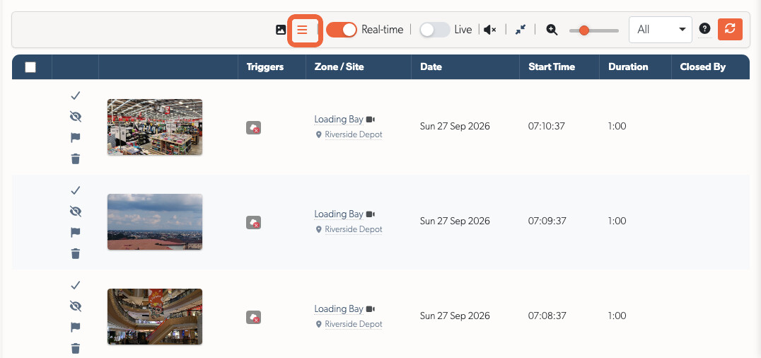 Events in List view, with each event's time, camera and status
