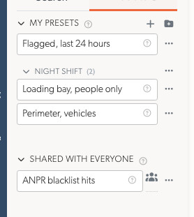 Private and shared Events presets, including a group of saved searches