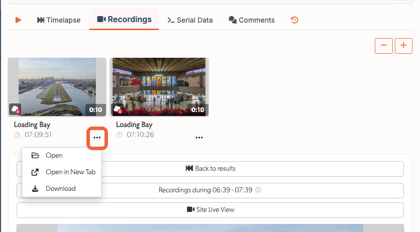 The individual recording Download option, available without cloud backup