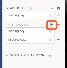 Saved presets in groups, with a play button beside a group