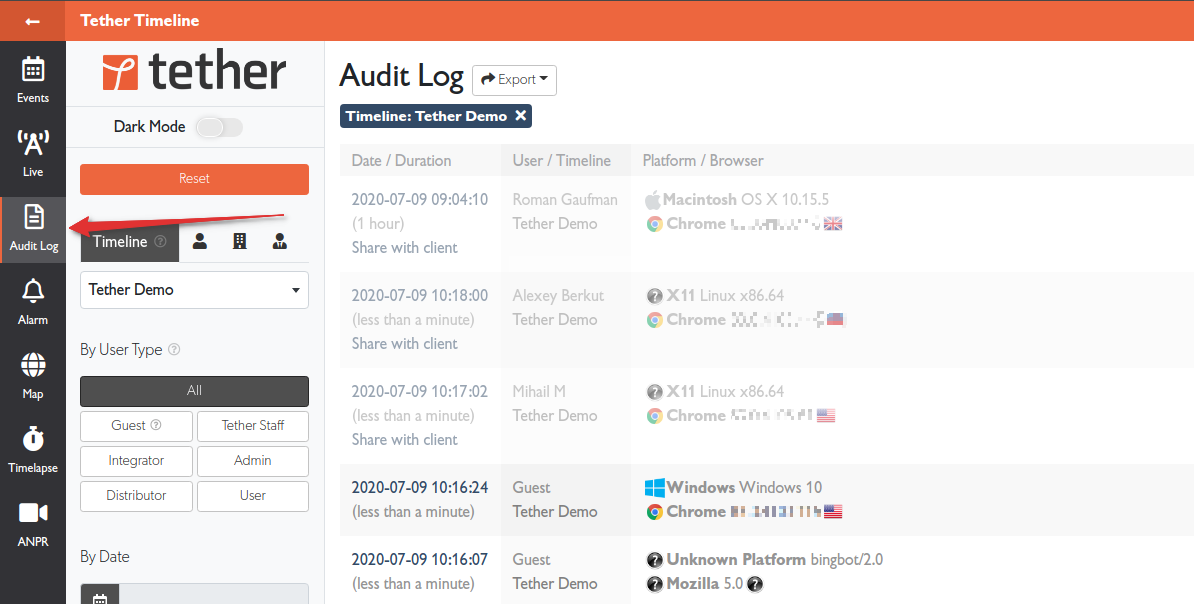 Audit Log navigation