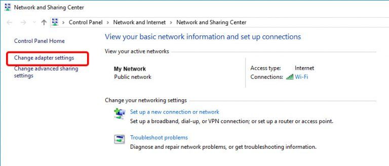 Network and Sharing Center with Change adapter settings highlighted