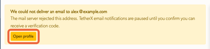 A failed email alert at the top of a TetherX page