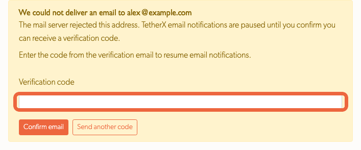 The verification code field and Confirm email button on a user profile