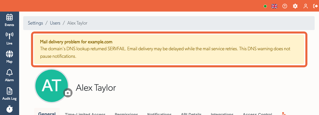 A recipient-domain DNS warning on a user profile