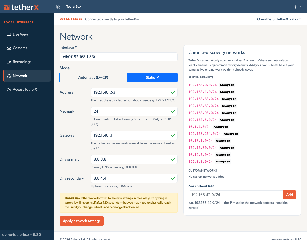 The offline Network page with the interface and static IP fields