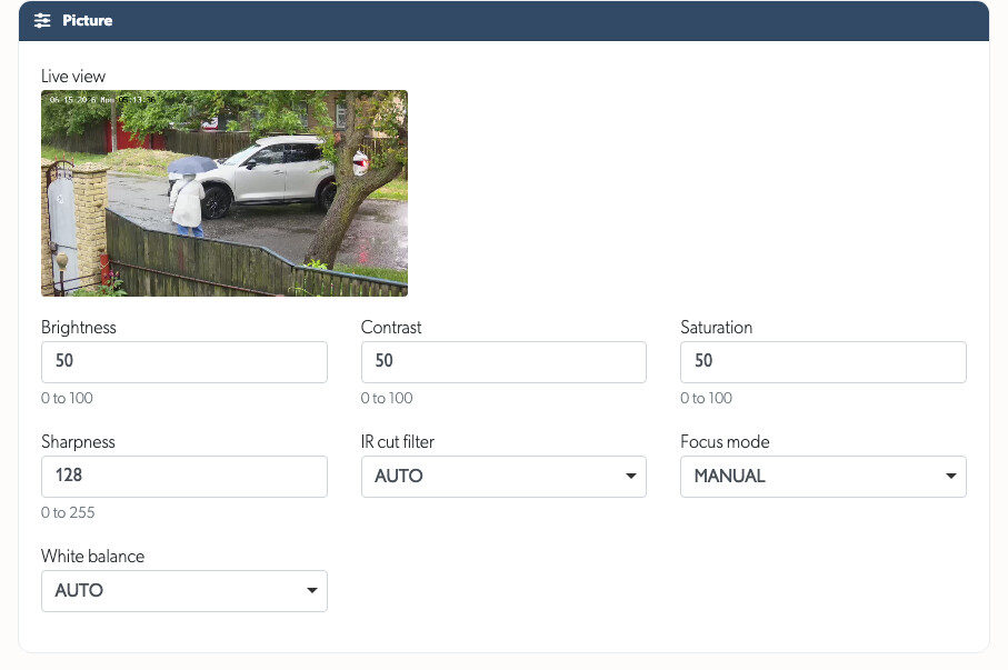 Picture controls on a camera's API tab, with a live still beside brightness, contrast, saturation, sharpness, IR cut filter, focus mode and white balance