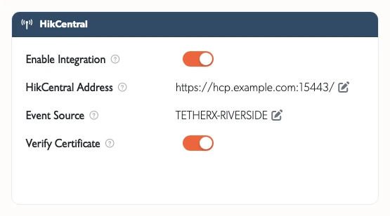 The HikCentral tab on a site, with the connection details a control room provides