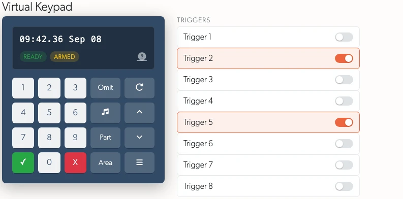 The virtual keypad for a Texecom panel, with the panel's outputs beside it